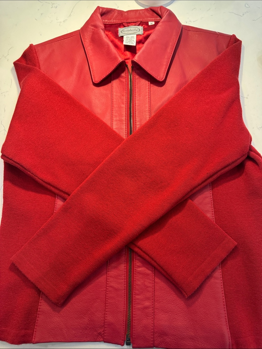 Coldwater Creek Women's Red Zip-Front Leather-Panel Jacket (bg9)